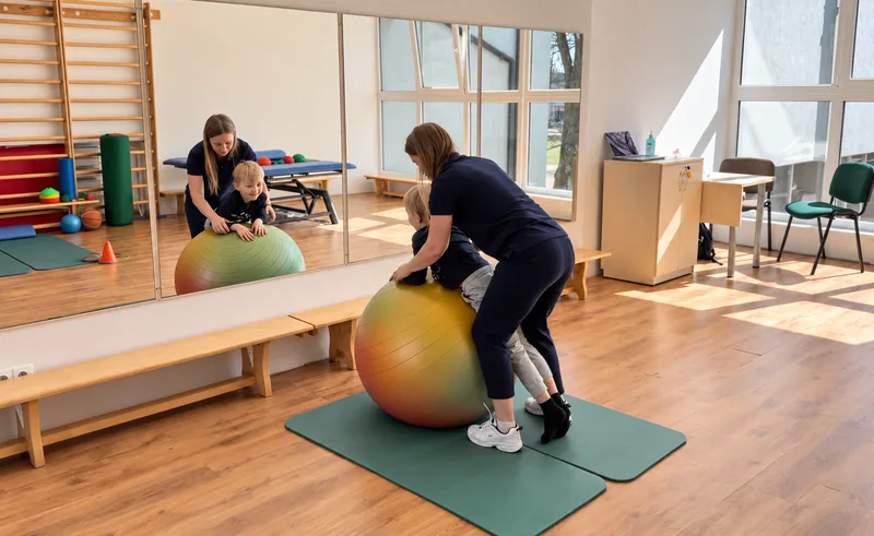 Kineziterapeutė padeda vaikui atlikti pratimą ant gimnastikos rutulio